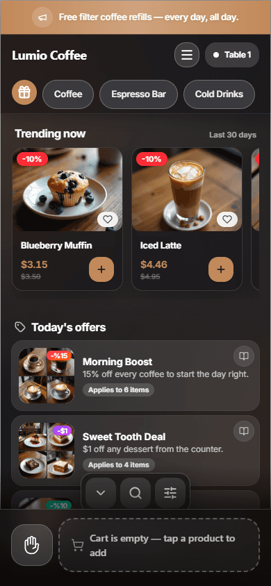 Qoro live demo — customer QR menu ordering screen on a phone