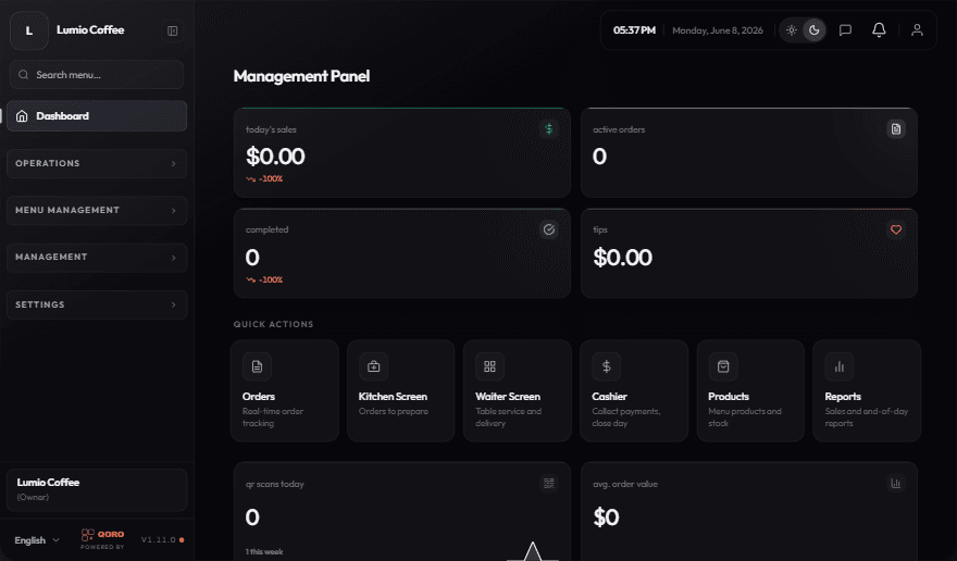 Qoro live demo — restaurant management panel with sales, orders, and kitchen