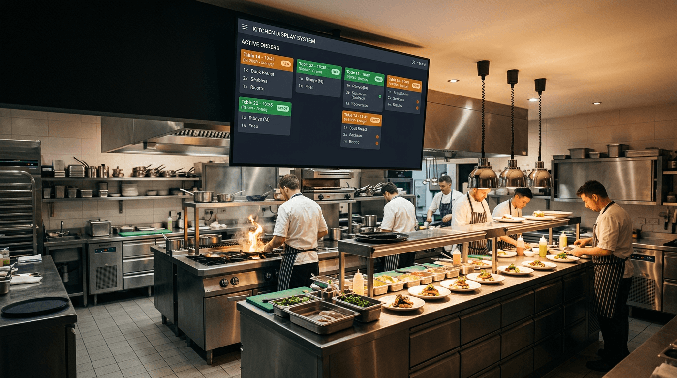 Kitchen team tracking orders on screen